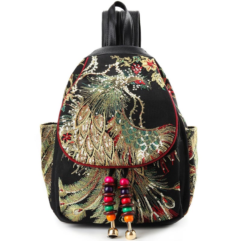 Goodhan Vintage Phoenix Sequins Embroideried Women Backpack Daypack Travel Shoulder Bag One_Size Style 01: Black - Image 1